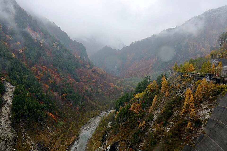 霧の中、紅葉に色づく黒部川上流の谷（イメージ）