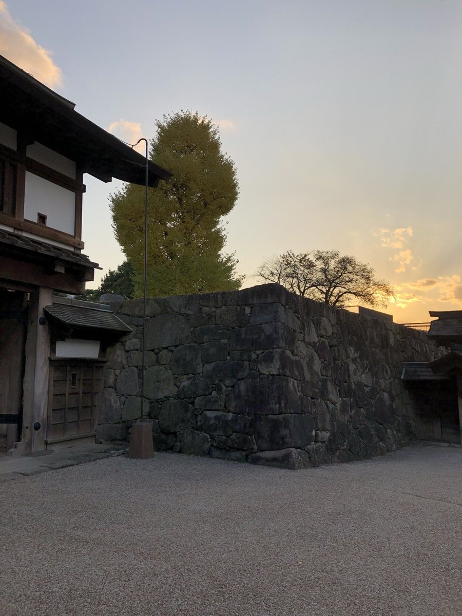 夕暮れの松代城の石垣と門、イチョウの木